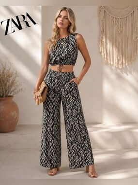 Zara Navy & Beige Ikat-Print Crop Top & Wide-Leg Pants SET (2 Pieces)